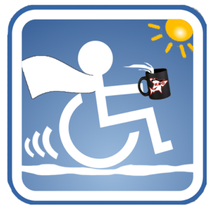 Logo von Roliman und seiner Webseite - Rollstuhlsymbol mit Kaffeetasse in der Hand in Superman Darstellung